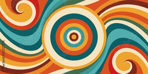 This is a colorful, abstract image with a retro feel. A central target-like pattern of concentric circles is surrounded by swirling, wavy lines. The color palette consists of warm oranges, yellows, an