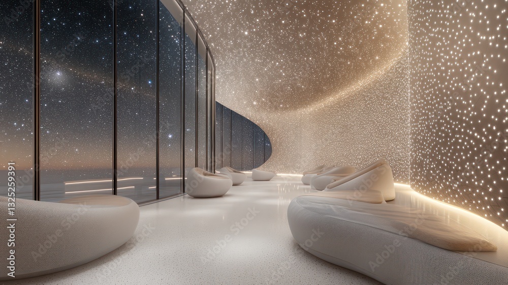 Obraz premium Inside a luxurious hotel lounge with futuristic Zen architecture, curved walls surround soft seating made from natural materials