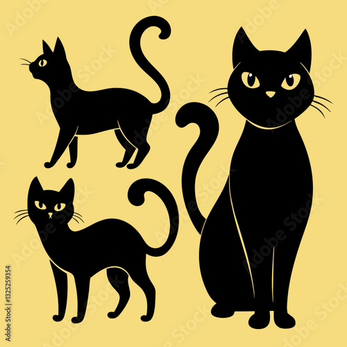 Three stylized black cats are depicted against a soft yellow background. One cat sits regally in the foreground, facing forward with piercing yellow eyes. To the left, two other black cats are shown i