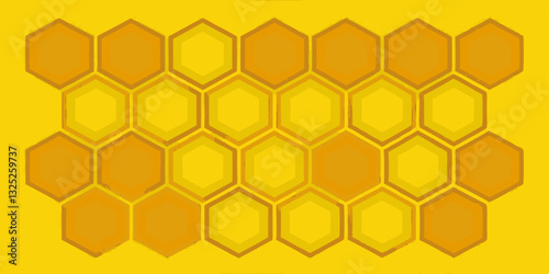 This image features a honeycomb pattern against a vibrant yellow background. Numerous hexagonal cells, alternating between shades of orange and yellow, are arranged in staggered rows. The subtle shadi