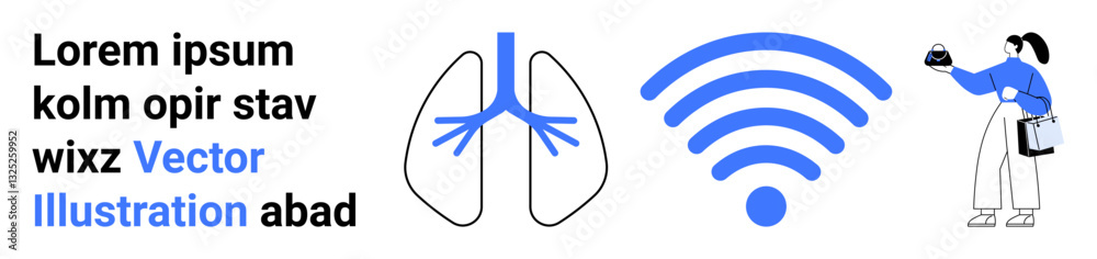 Lungs icon, wireless symbol, person with gadgets. Ideal for healthcare, technology, connectivity, lifestyle, innovation education user experience. Flat landing page banner Lungs icon, wireless symbol, person with gadgets. Ideal for healthcare, technology, connectivity, lifestyle, innovation education user experience. Flat landing page banner