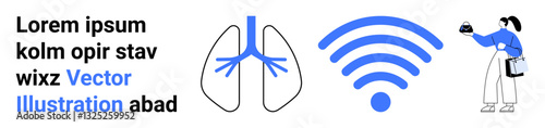 Lungs icon, wireless symbol, person with gadgets. Ideal for healthcare, technology, connectivity, lifestyle, innovation education user experience. Flat landing page banner