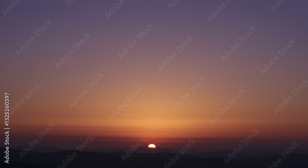 Fototapeta premium Serene Sunset Over the Mountains: A breathtaking view of the sun setting behind a distant mountain range, painting the sky with vibrant hues of orange, purple, and deep violet.