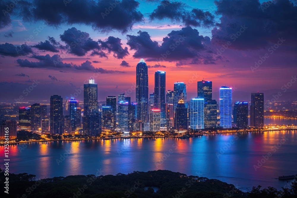 Evening City Skyline with Vibrant Lights and Backdrop Evening City Skyline with Vibrant Lights and Backdrop