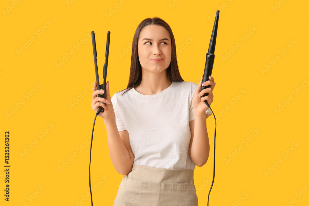 Female hairdresser with curling iron and flattening iron on yellow background Female hairdresser with curling iron and flattening iron on yellow background