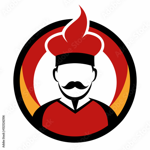This image is a stylized logo featuring a chef's silhouette. The chef wears a tall, red hat that flares at the top like a flame, and a distinguished mustache. The design is enclosed within a circular 