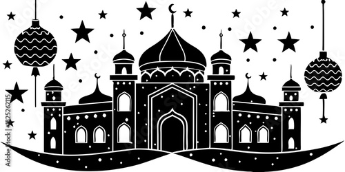 This is a black and white illustration of a mosque with a large central dome and several smaller domes and minarets. Stars and decorative lanterns hang in the sky above the mosque, creating a festive 