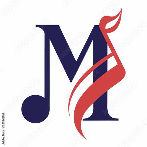 The image displays a stylized letter "M" in deep blue, resembling a serif font. A dynamic, abstract design in red curves around the right side of the "M." This design incorporates elements reminiscent