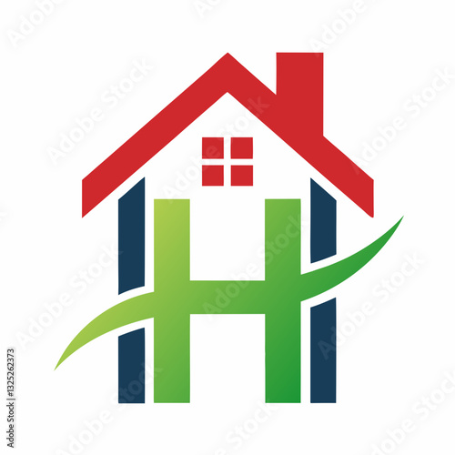 This is a stylized logo for a real estate company. It features a house silhouette with a red roof and dark blue walls. A large, green letter "H" is integrated into the center, with a swooping green cu