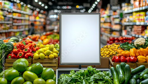 Fresh Market Display: A vibrant display of fresh produce fills a market aisle, with a blank sign in the center
