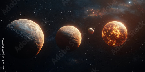 Planets are orbiting in the solar system, with a bright nebula in the background