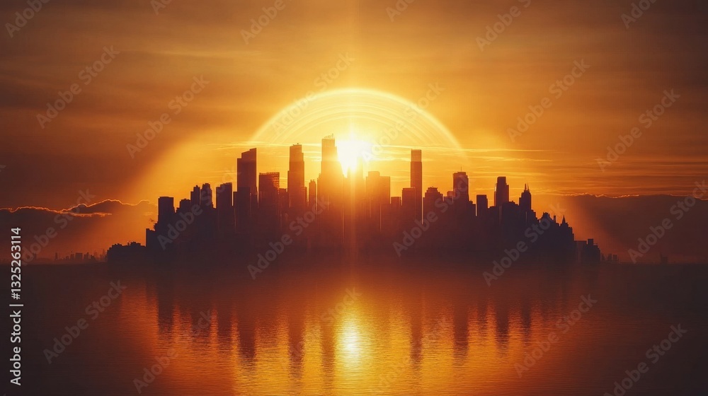 Fototapeta premium City Skyline Sunrise Golden Hour Reflection