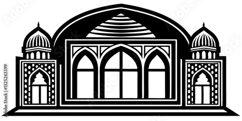 This is a black and white logo featuring a stylized architectural design. It resembles a building with a central section of arched windows, flanked by smaller structures topped with domes. The overall