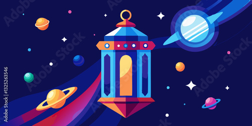This vibrant illustration depicts a cosmic scene. A stylized lantern, reminiscent of Ramadan decorations, hangs prominently. It's surrounded by colorful planets, stars, and swirling nebulae on a deep 
