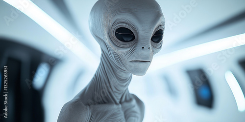 Grey alien standing in futuristic spaceship corridor
