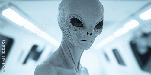 Fototapeta Naklejka Na Ścianę i Meble -  Grey alien standing in a bright spaceship corridor