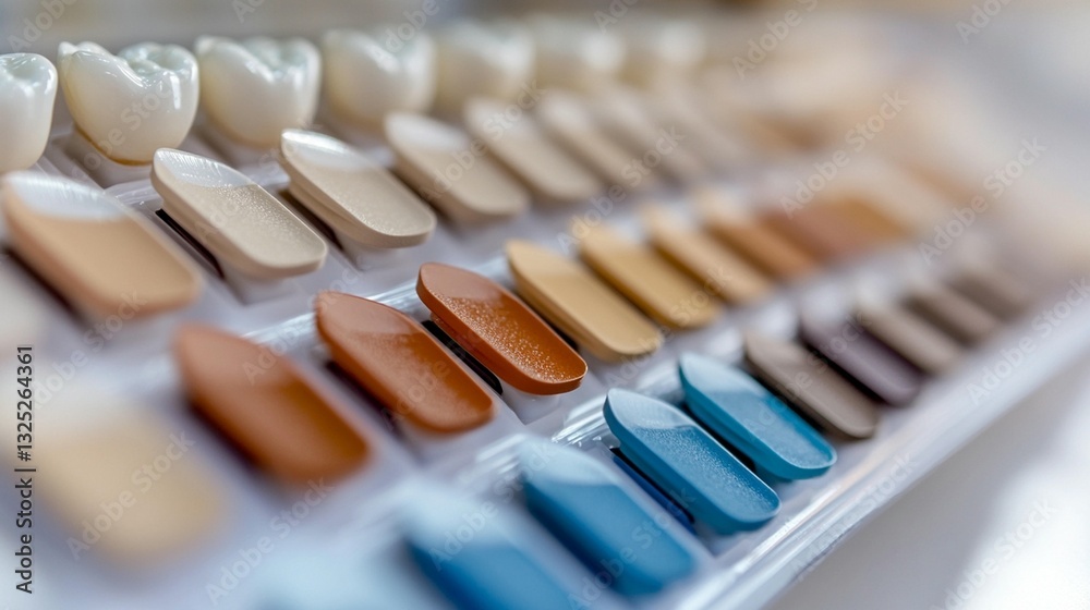 Naklejka premium Close-up of dental shade guide with various colors and tones of teeth samples.