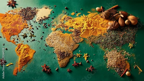 Colorful spices create an artistic representation of the world map on a green background showcasing culinary diversity