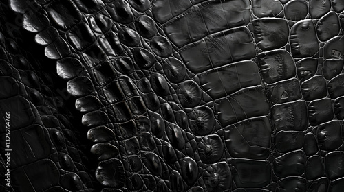 Closeup view of black crocodile skin texture detail background.