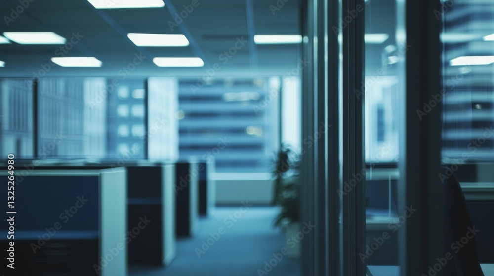 Fototapeta premium Modern Office Interior with Blue Cubicles and City View