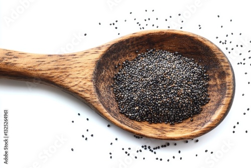 Black poppy seeds in a wooden spoon on a white background showcasing natural textures and healthy culinary ingredients for cooking and baking