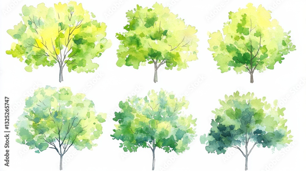 Fototapeta premium A hand painted watercolor collection of tree foliage
