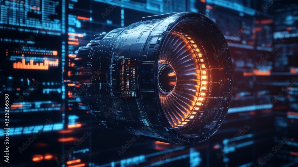 Jet Engine with Glowing Turbine and Digital Data Background Jet Engine with Glowing Turbine and Digital Data Background