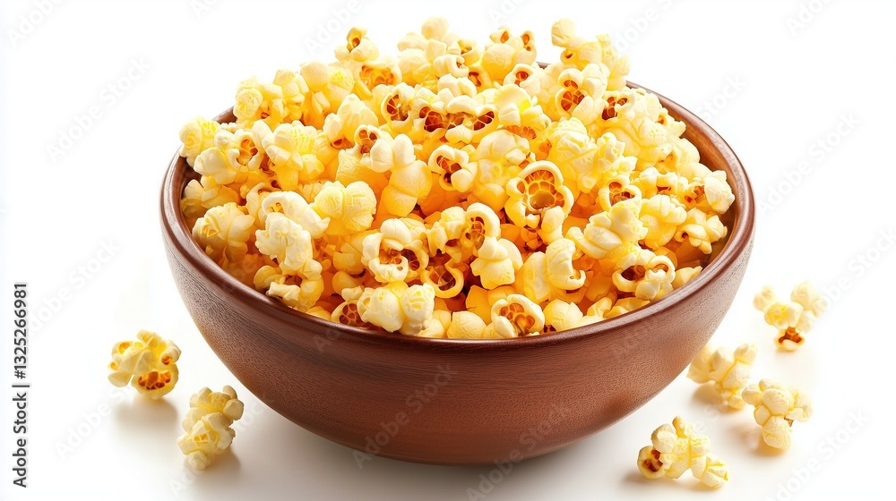 Cheesy popcorn in a wooden plate on a white background, isolate Cheesy popcorn in a wooden plate on a white background, isolate