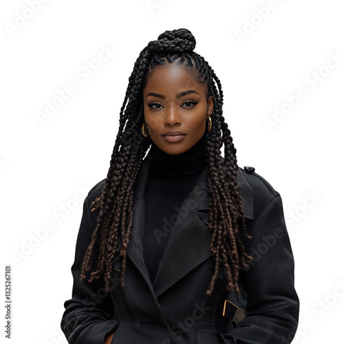 A Black Woman with Natural Braids Wearing a Black Jacket Isolated on Transparent Background
