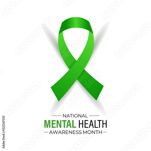 Vector illustration of Mental health awareness month observed each year during May. Brain and man head with Realistic green ribbon banner design. Banner poster, flyer and background design template.
