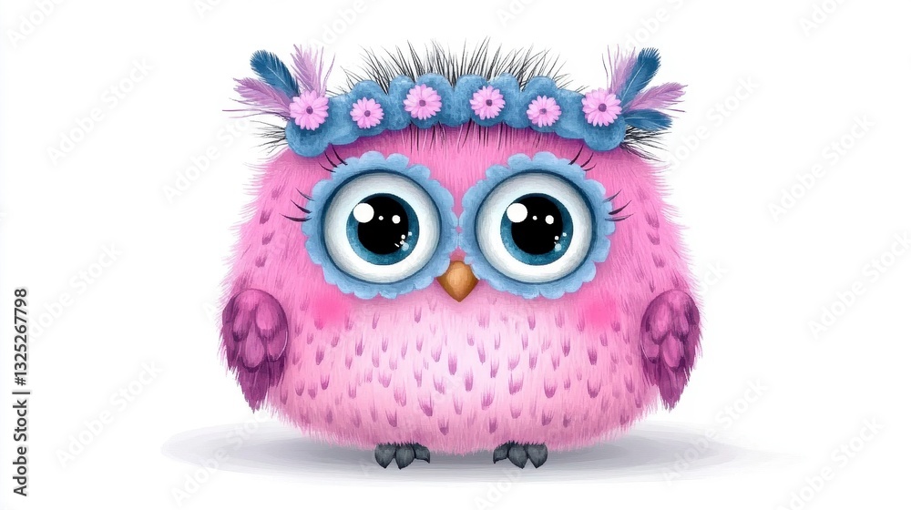 Fototapeta premium Cute Pink Owl with Big Eyes and Floral Headband on White Background