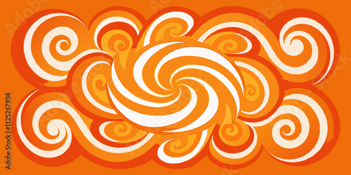 This is a vibrant, retro-style illustration featuring swirling patterns in shades of orange and white. The design evokes a sense of movement and energy, with concentric spirals radiating outwards from