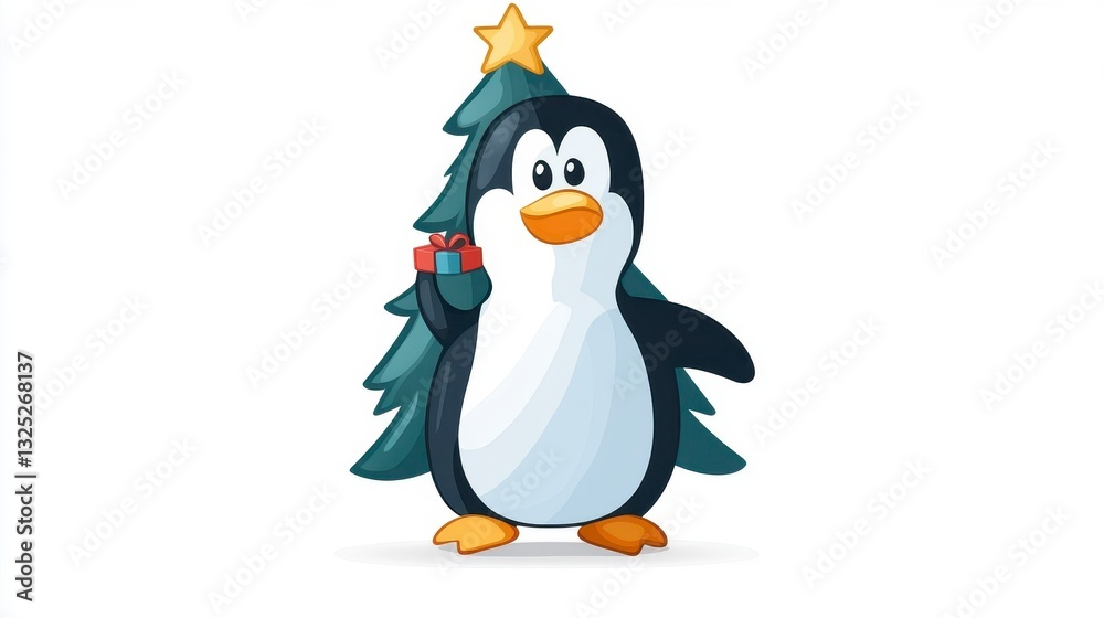 Fototapeta premium Cute Cartoon Penguin Holding Present by Christmas Tree with Star