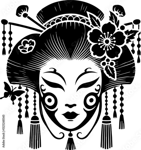 sketch vector illustration silhouette design detail ornament beautiful woman geisha ethnic traditional classic vintage japan 