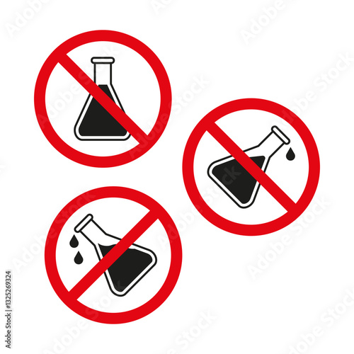 No chemicals symbol. Prohibited toxic liquids. Hazardous substance warning. Vector safety sign.