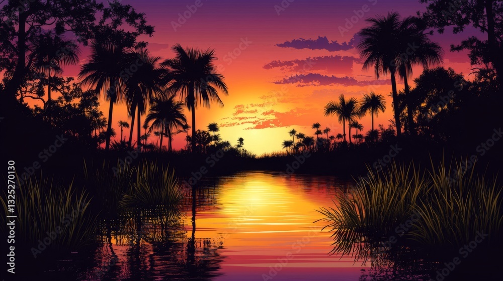 Vibrant Tropical Sunset Over Calm River Vibrant Tropical Sunset Over Calm River