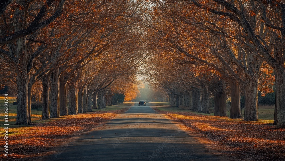 Fototapeta premium autumnal avenue a car navigates the tree lined road under a canopy of changing leaves