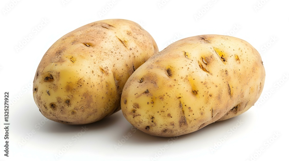 two raw dirty potatoes on a white background two raw dirty potatoes on a white background