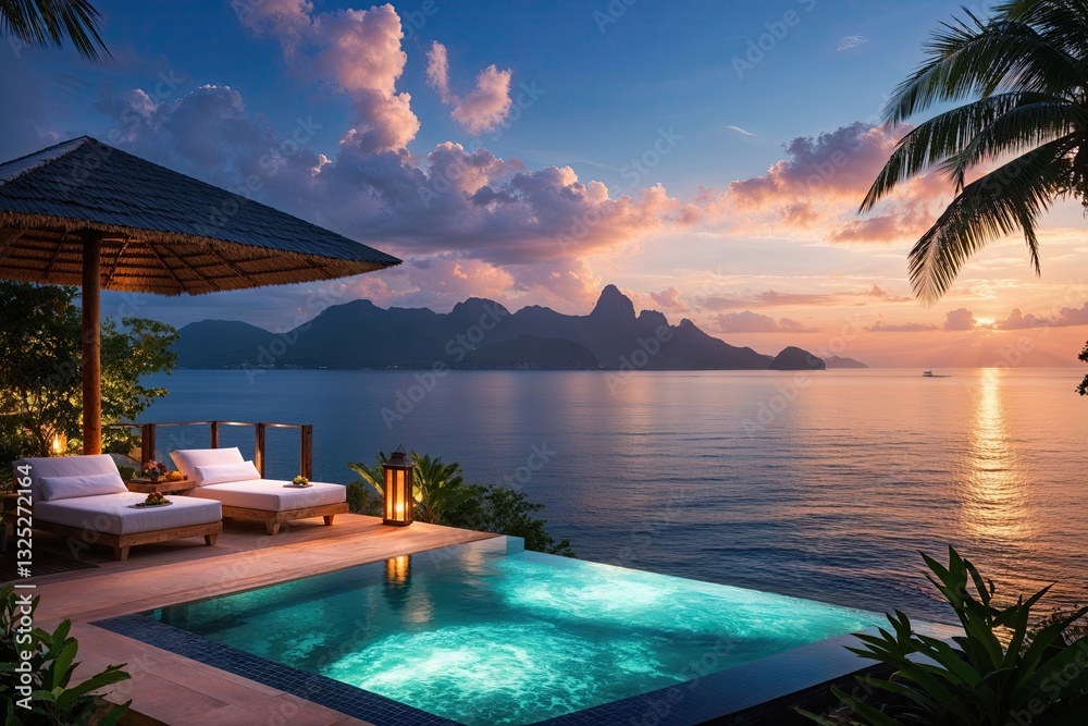 Fototapeta premium Serene Coastal Retreat Enriching Soul with Stunning Sea Sunset Atmosphere