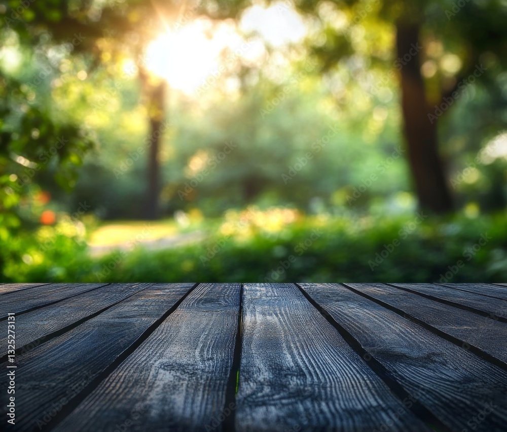 Sunlit Forest Background with Wooden Deck for Nature and Outdoor Photography Sunlit Forest Background with Wooden Deck for Nature and Outdoor Photography