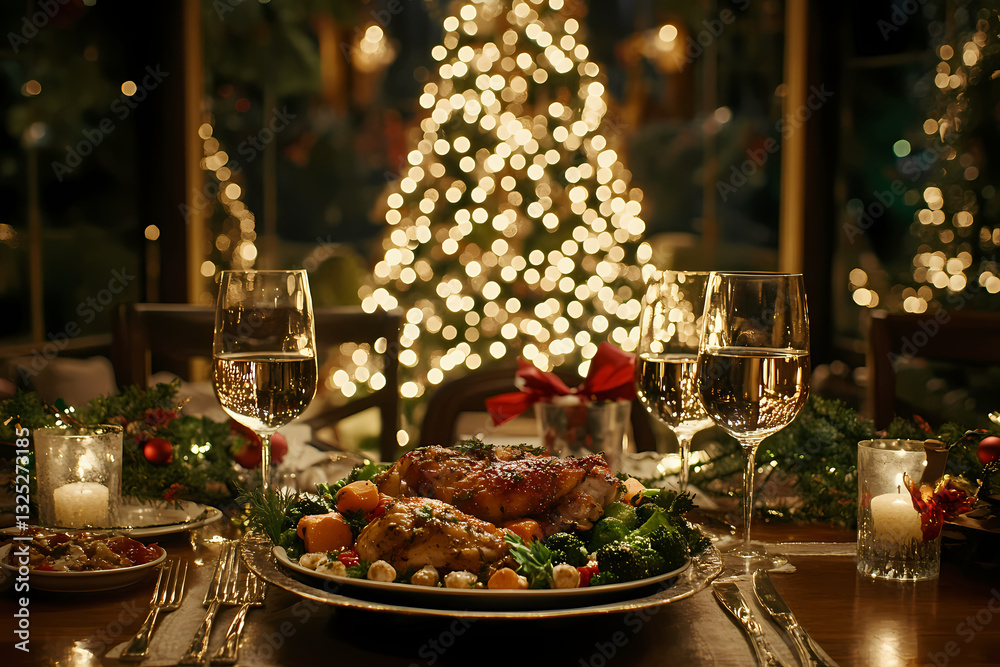 Fototapeta premium Festive Feast: A captivating, inviting, and cozy atmosphere, capturing the heartwarming essence of a traditional holiday dinner set against a beautifully lit Christmas tree in the background.