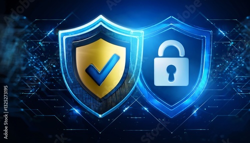 Two digital shields representing security and protection, one with a check mark and the other featuring a padlock, set against a blue, tech-inspired background.