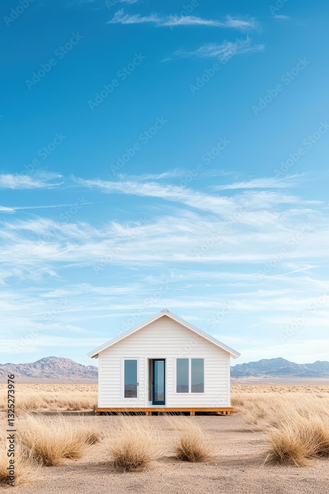 Minimalist White House in Desert Landscape Under Blue Sky Minimalist White House in Desert Landscape Under Blue Sky
