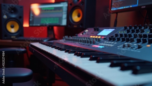 Music Studio Keyboard and Audio Equipment Setup. Perfect for websites for music producers, audio engineering blogs, music school promotional materials, articles about music production