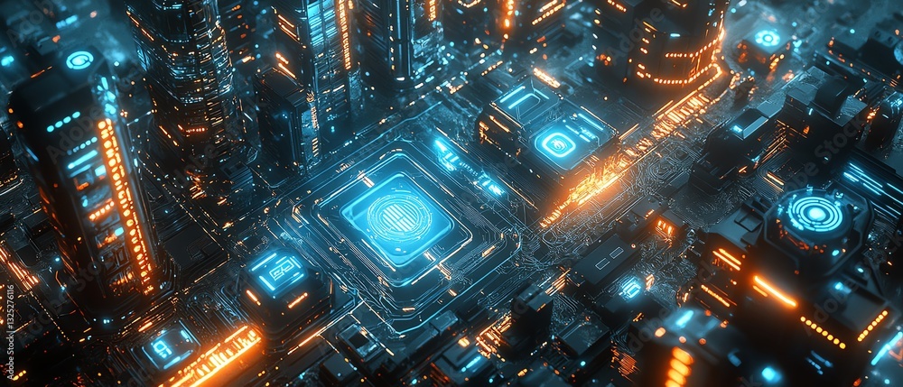 Futuristic cityscape featuring smart homes with digital locks, AIpowered IoT security networks glowing in blue holographic patterns, ultradetailed cyberfuturism, highresolution 8K