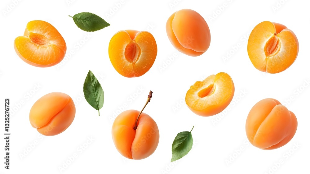 Falling apricots isolated on a white background Falling apricots isolated on a white background
