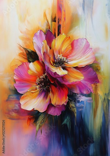 Vibrant Floral Painting of Beautiful Flowers for Artistic Decoration and Design Projects
