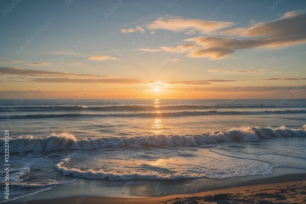 Naklejka premium Stunning Golden Hour Over Ocean with Expansive Skies and Waves