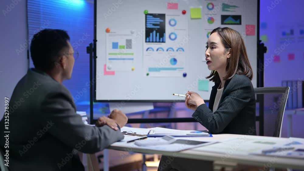 Two people are sitting at a table in front of a white board with graphs and charts. They are discussing something important Two people are sitting at a table in front of a white board with graphs and charts. They are discussing something important