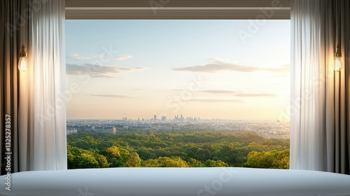 Serene Morning View from Modern Hotel Room Overlooking Cityscape